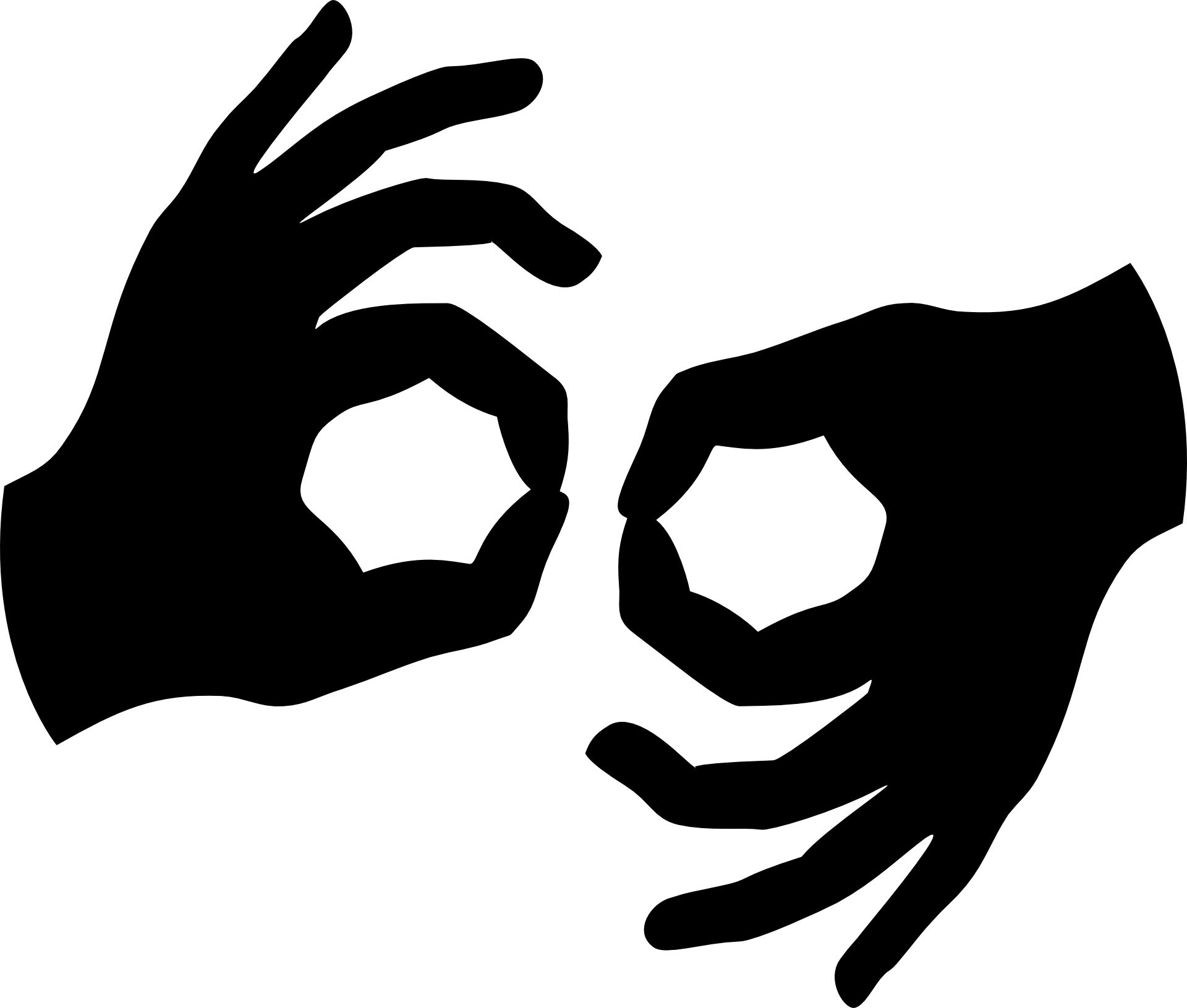 Czarno-biały piktogram dwóch dłoni wykonujących znak języka migowego oznaczający tłumaczenie lub język migowy.